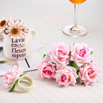12 Pcs Pink Rose Napkin Rings Holders for Wedding,Champagne Rose