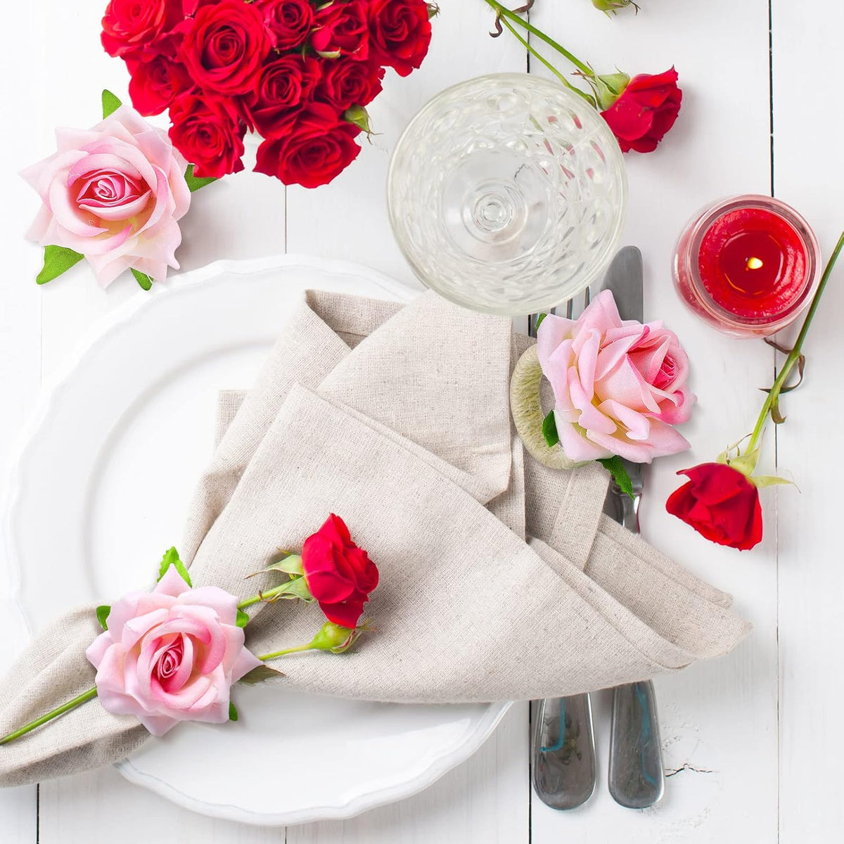 12 Pcs Pink Rose Napkin Rings Holders for Wedding,Champagne Rose