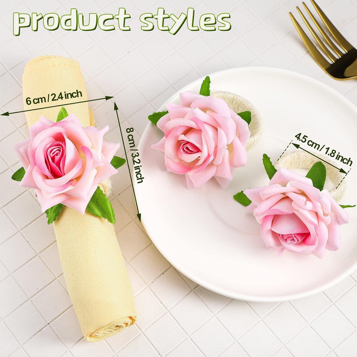 12 Pcs Pink Rose Napkin Rings Holders for Wedding,Champagne Rose