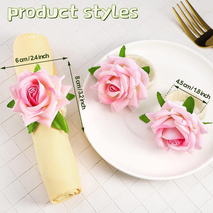 12 Pcs Pink Rose Napkin Rings Holders for Wedding,Champagne Rose
