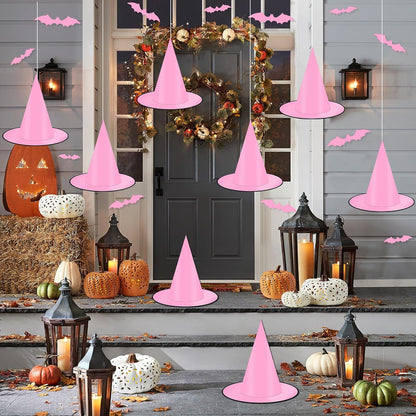 12 PCS Hanging Witch Hats Black/Pink, 16 PCS 3D Bats Stickers for Halloween Indoor Outdoor Decorations