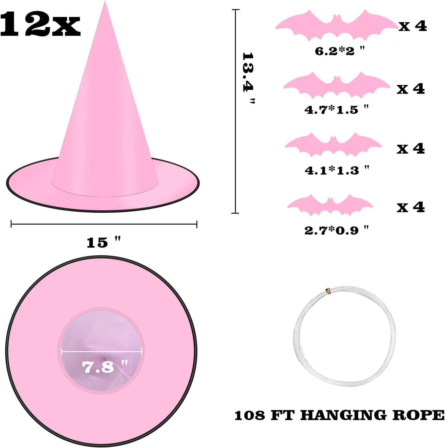 12 PCS Hanging Witch Hats Black/Pink, 16 PCS 3D Bats Stickers for Halloween Indoor Outdoor Decorations