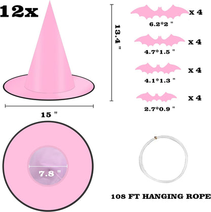 12 PCS Hanging Witch Hats Black/Pink, 16 PCS 3D Bats Stickers for Halloween Indoor Outdoor Decorations