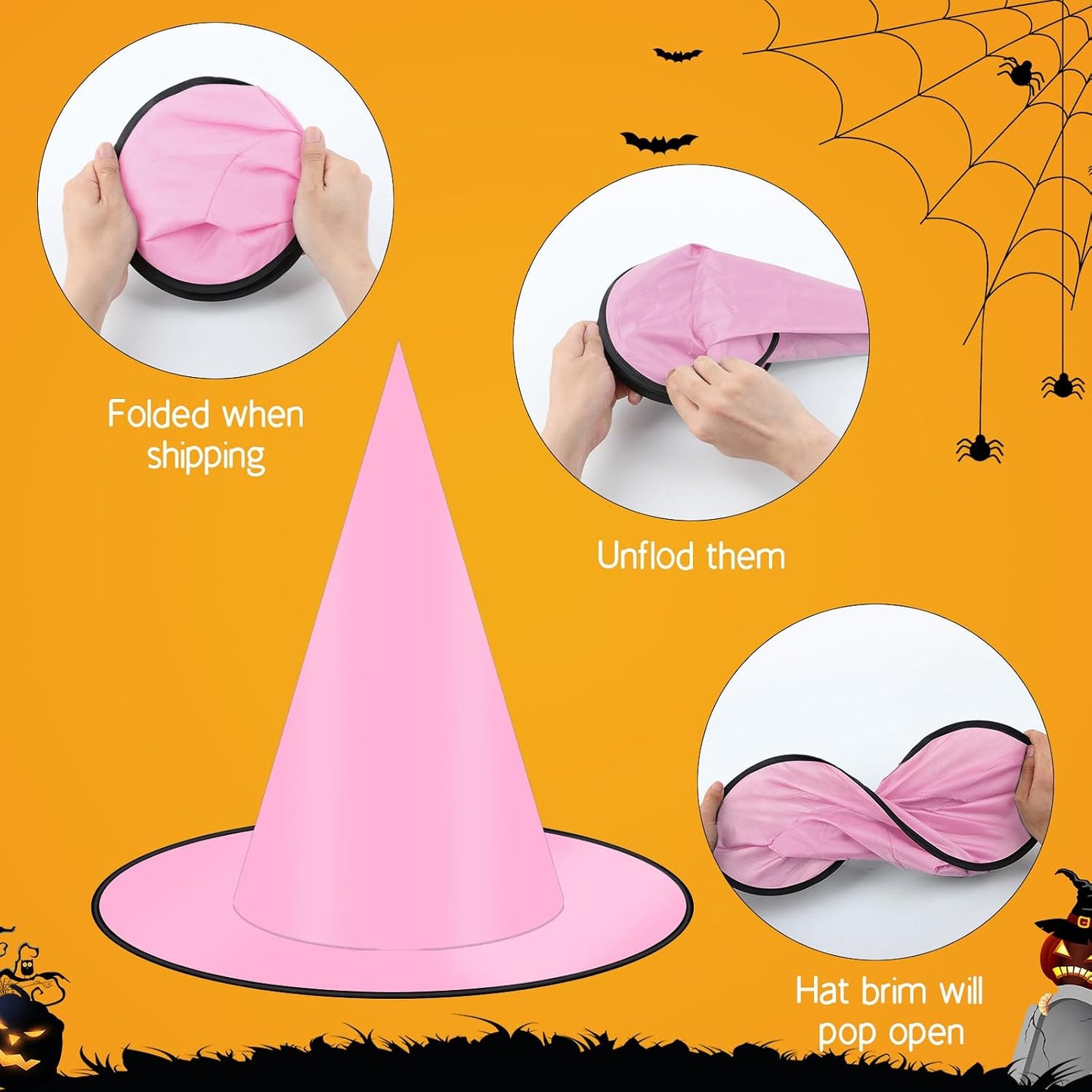12 PCS Hanging Witch Hats Black/Pink, 16 PCS 3D Bats Stickers for Halloween Indoor Outdoor Decorations