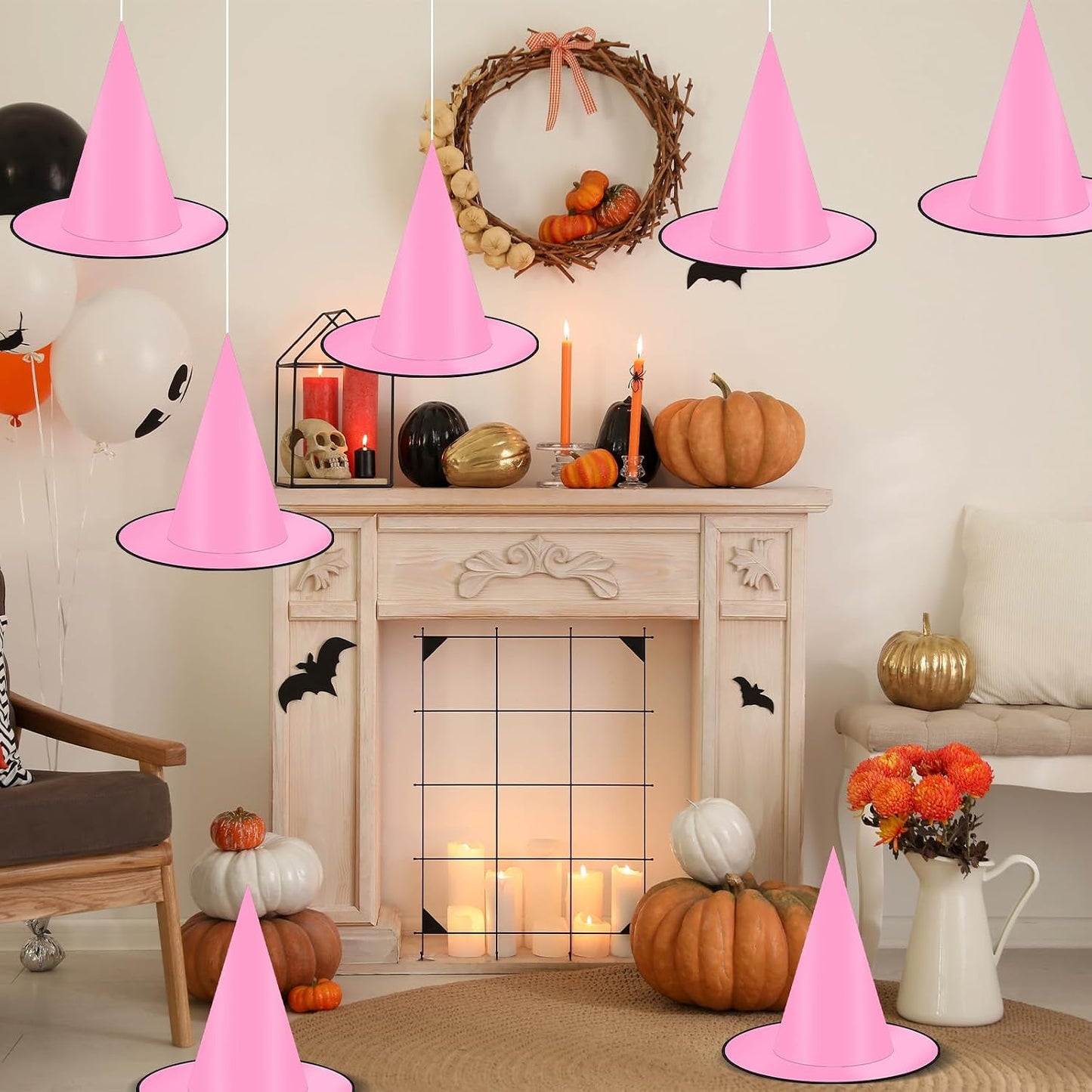 12 PCS Hanging Witch Hats Black/Pink, 16 PCS 3D Bats Stickers for Halloween Indoor Outdoor Decorations