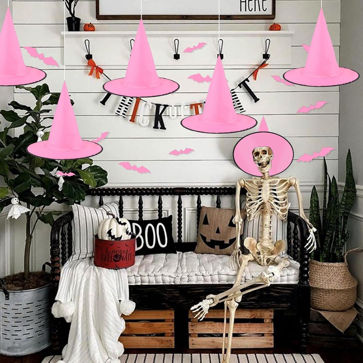 12 PCS Hanging Witch Hats Black/Pink, 16 PCS 3D Bats Stickers for Halloween Indoor Outdoor Decorations