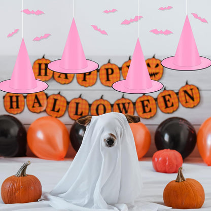 12 PCS Hanging Witch Hats Black/Pink, 16 PCS 3D Bats Stickers for Halloween Indoor Outdoor Decorations