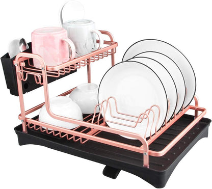 Never Rust Aluminum Dish Rack and Drain Board with Utensil Holder, 2-Tier Kitchen Plate Cup Dish Drying Rack Tray Cutlery Dish Drainer (Matt Rose Gold)