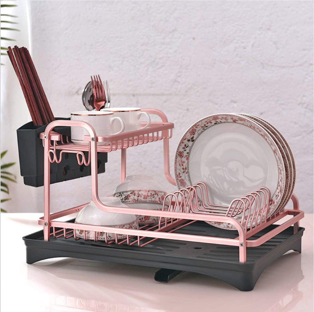 Never Rust Aluminum Dish Rack and Drain Board with Utensil Holder, 2-Tier Kitchen Plate Cup Dish Drying Rack Tray Cutlery Dish Drainer (Matt Rose Gold)