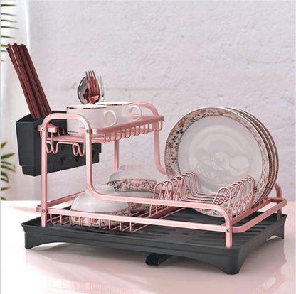 Never Rust Aluminum Dish Rack and Drain Board with Utensil Holder, 2-Tier Kitchen Plate Cup Dish Drying Rack Tray Cutlery Dish Drainer (Matt Rose Gold)