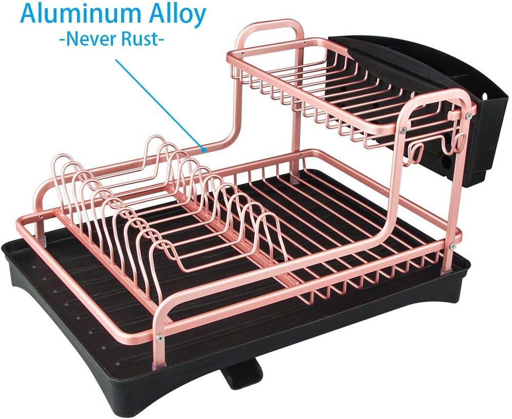 Never Rust Aluminum Dish Rack and Drain Board with Utensil Holder, 2-Tier Kitchen Plate Cup Dish Drying Rack Tray Cutlery Dish Drainer (Matt Rose Gold)