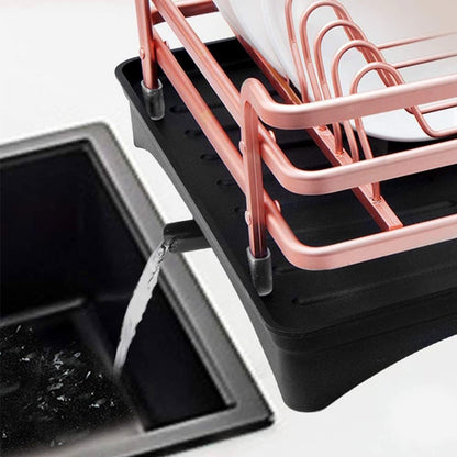 Never Rust Aluminum Dish Rack and Drain Board with Utensil Holder, 2-Tier Kitchen Plate Cup Dish Drying Rack Tray Cutlery Dish Drainer (Matt Rose Gold)