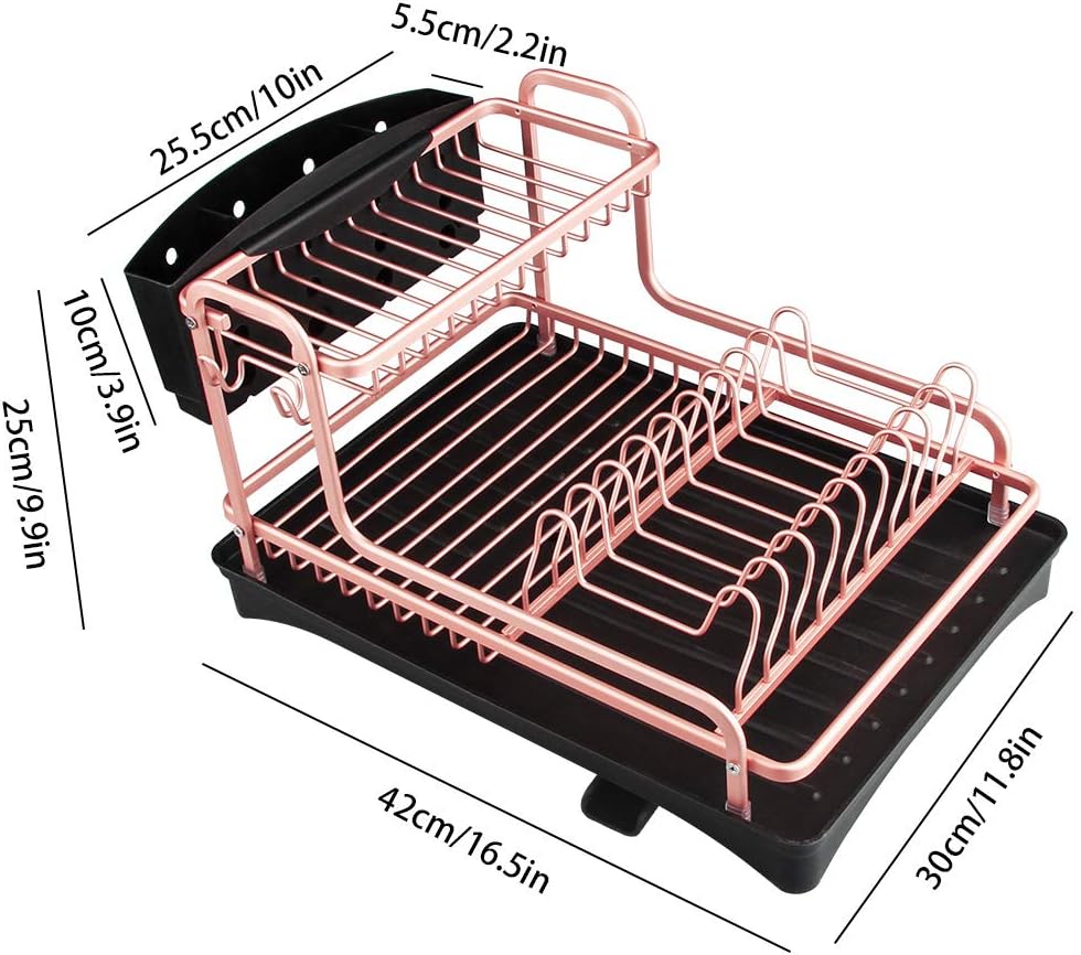 Never Rust Aluminum Dish Rack and Drain Board with Utensil Holder, 2-Tier Kitchen Plate Cup Dish Drying Rack Tray Cutlery Dish Drainer (Matt Rose Gold)