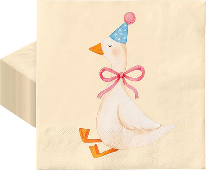 Whaline 50Pcs One Silly Goose Cocktail Napkins Coquette Pink Bow Goose Paper Napkin Disposable Beverage Dessert Napkin for Birthday Baby Shower Party Supplies Table Decor