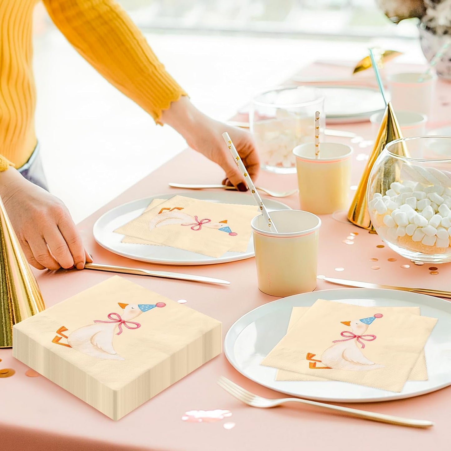 Whaline 50Pcs One Silly Goose Cocktail Napkins Coquette Pink Bow Goose Paper Napkin Disposable Beverage Dessert Napkin for Birthday Baby Shower Party Supplies Table Decor