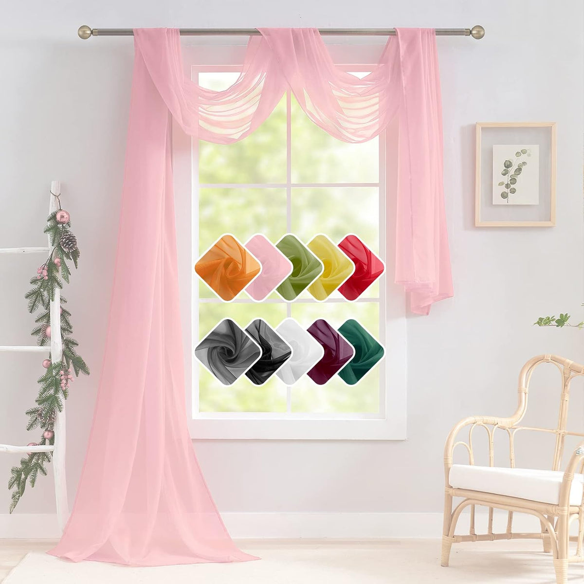 Pink Window Scarf Valances - Light Pink Sheer Valances, 144 Inch Curtain Scarf Swag Curtains, Bed Canopy Curtains 52Wx144L