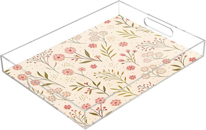 Elegant Floral Pink Acrylic Serving Tray 12"x16", Decorative Tray for Coffee Table Countertop, Non-Slip & Spill-Proof, Smooth Edge Breakfast Bed Tray for Vanity Living Room