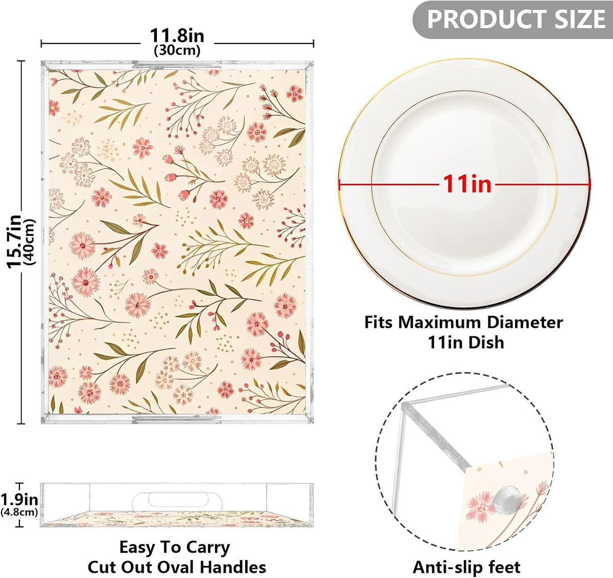 Elegant Floral Pink Acrylic Serving Tray 12"x16", Decorative Tray for Coffee Table Countertop, Non-Slip & Spill-Proof, Smooth Edge Breakfast Bed Tray for Vanity Living Room