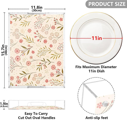 Elegant Floral Pink Acrylic Serving Tray 12"x16", Decorative Tray for Coffee Table Countertop, Non-Slip & Spill-Proof, Smooth Edge Breakfast Bed Tray for Vanity Living Room