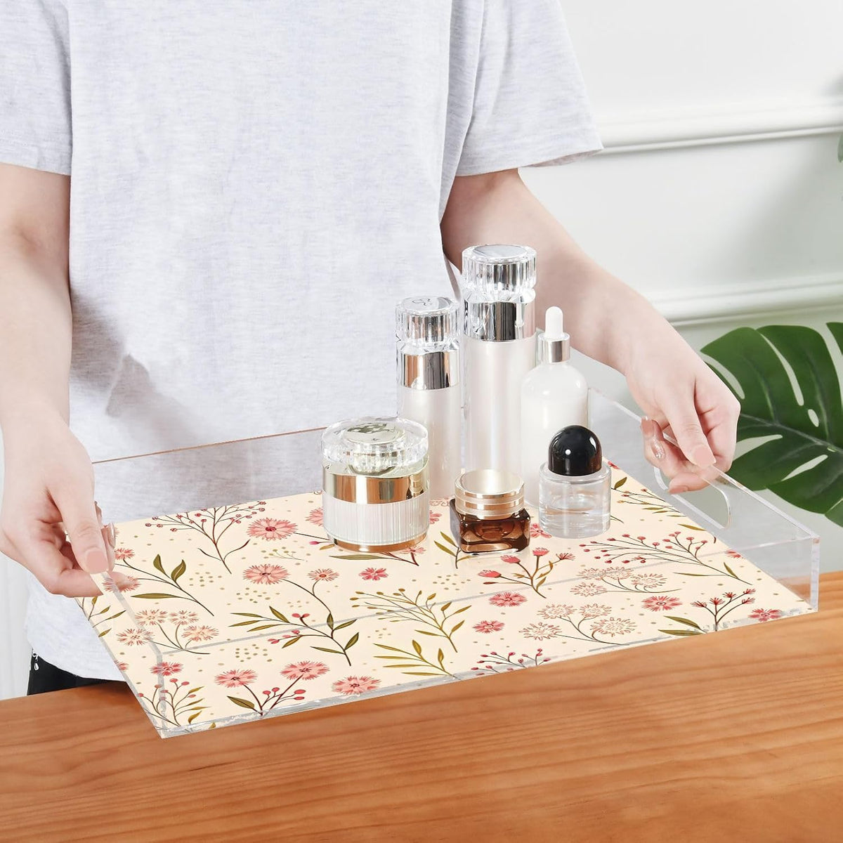 Elegant Floral Pink Acrylic Serving Tray 12"x16", Decorative Tray for Coffee Table Countertop, Non-Slip & Spill-Proof, Smooth Edge Breakfast Bed Tray for Vanity Living Room