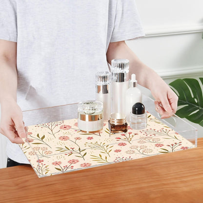 Elegant Floral Pink Acrylic Serving Tray 12"x16", Decorative Tray for Coffee Table Countertop, Non-Slip & Spill-Proof, Smooth Edge Breakfast Bed Tray for Vanity Living Room