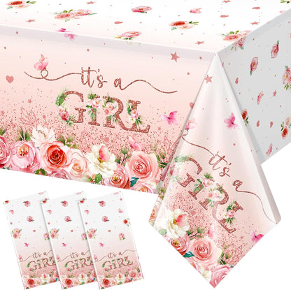 3 Pack Floral Baby Shower Tablecloth Decorations, It's a Girl Baby Shower Decorations, Pink Flower Gender Reveal Decorations for Girl, Plastic Disposable Baby Girls Table Cloth Party Decorations