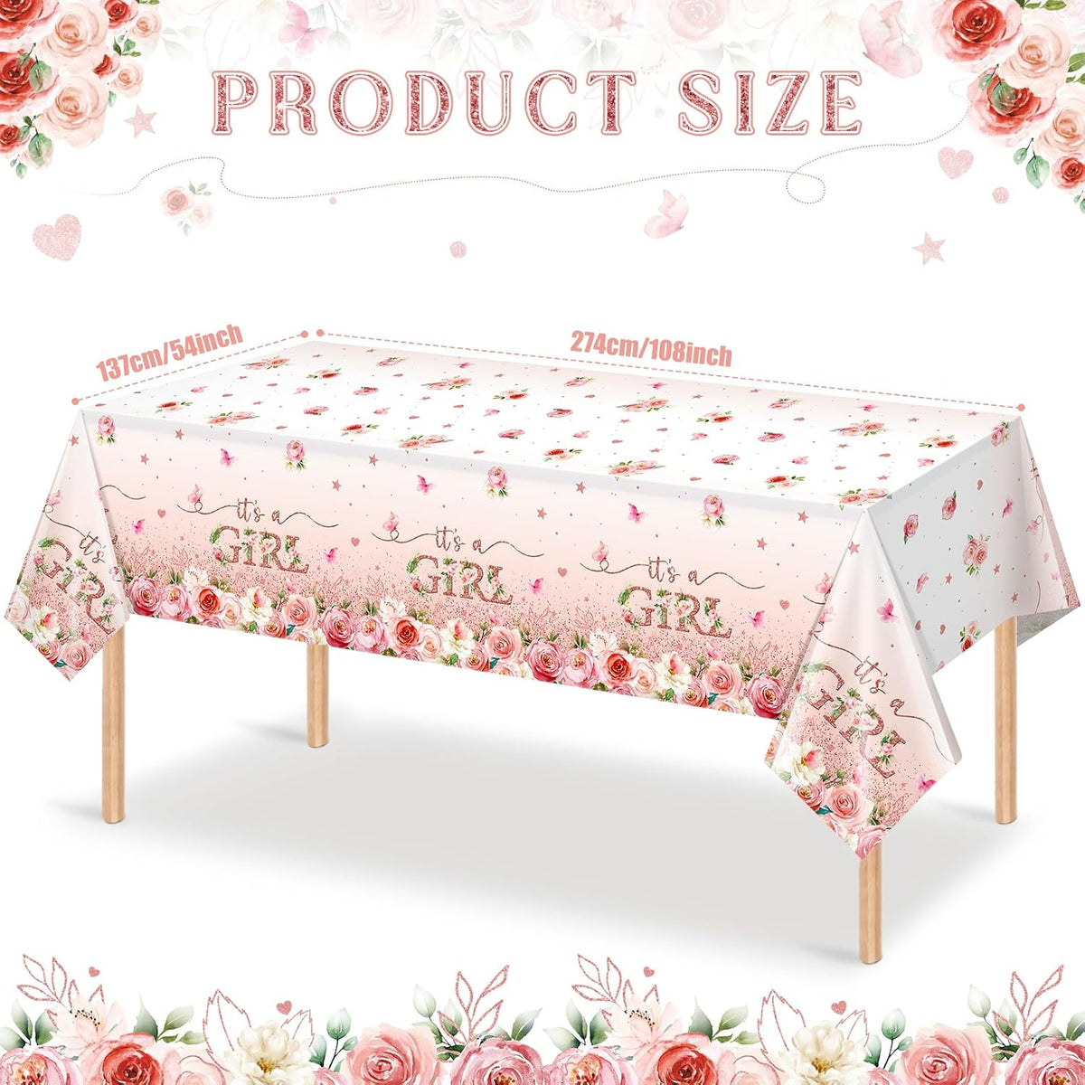 3 Pack Floral Baby Shower Tablecloth Decorations, It's a Girl Baby Shower Decorations, Pink Flower Gender Reveal Decorations for Girl, Plastic Disposable Baby Girls Table Cloth Party Decorations