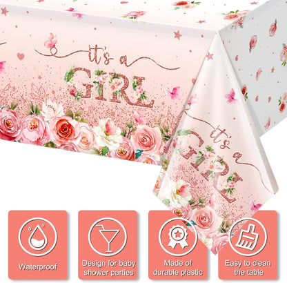 3 Pack Floral Baby Shower Tablecloth Decorations, It's a Girl Baby Shower Decorations, Pink Flower Gender Reveal Decorations for Girl, Plastic Disposable Baby Girls Table Cloth Party Decorations