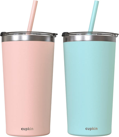 Stainless Steel Insulated Tumbler with Lid and Straw, 20 oz Stainless Steel Cups, Set of 2 Travel Coffee Mug for Adults, Iced Coffee Cup with Lid, Tumbler for Travel (Peach + Teal)
