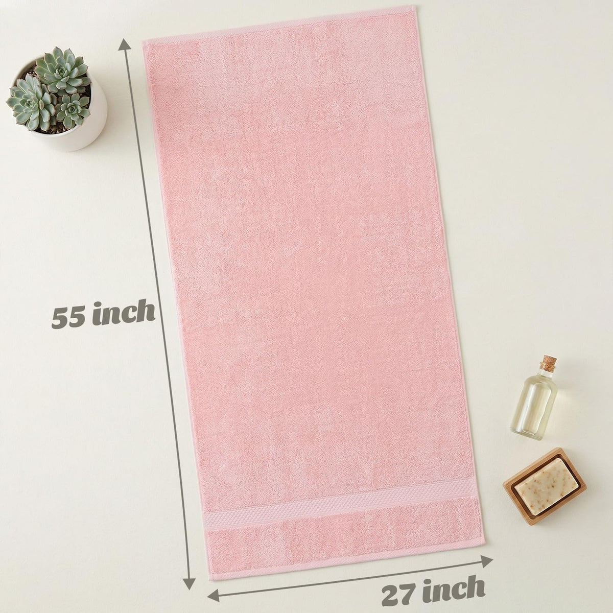 Cotton Bath Towels Set of 2 - Soft Pink Towels, 55” x 27”