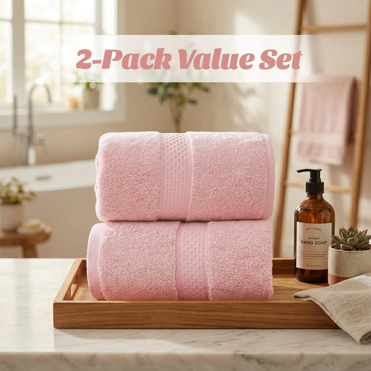 Cotton Bath Towels Set of 2 - Soft Pink Towels, 55” x 27”