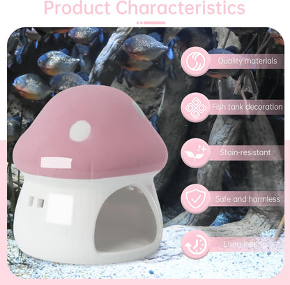 Ceramic Mushroom Aquarium Decor Cute Mini House Betta Fish Tank Accessories Decoration Hideaway Hideout Cave Ornament for Small Fish, Shrimp, Goldfish and Reptiles (Pink, Large)