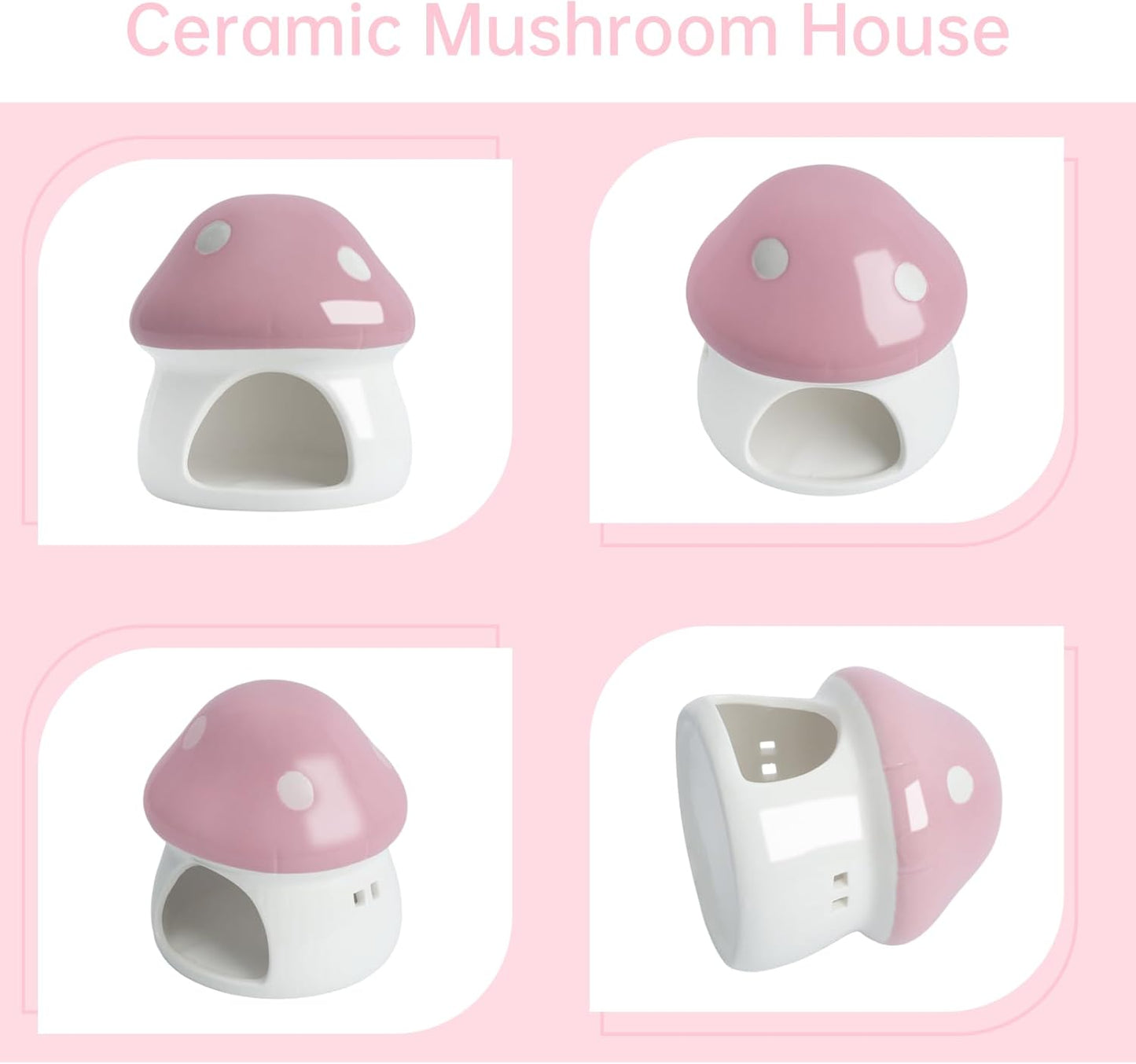 Ceramic Mushroom Aquarium Decor Cute Mini House Betta Fish Tank Accessories Decoration Hideaway Hideout Cave Ornament for Small Fish, Shrimp, Goldfish and Reptiles (Pink, Large)