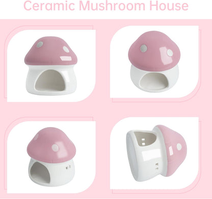 Ceramic Mushroom Aquarium Decor Cute Mini House Betta Fish Tank Accessories Decoration Hideaway Hideout Cave Ornament for Small Fish, Shrimp, Goldfish and Reptiles (Pink, Large)