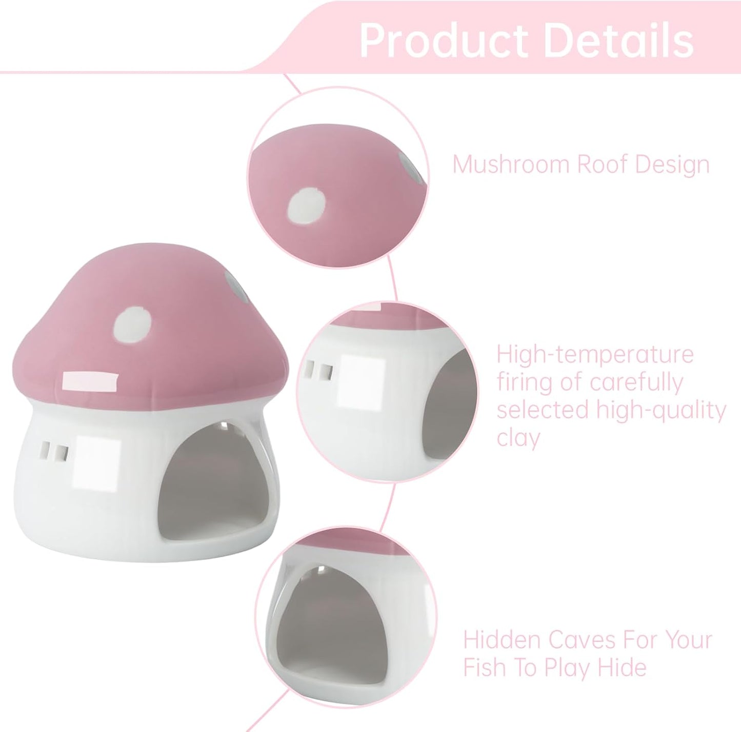 Ceramic Mushroom Aquarium Decor Cute Mini House Betta Fish Tank Accessories Decoration Hideaway Hideout Cave Ornament for Small Fish, Shrimp, Goldfish and Reptiles (Pink, Large)