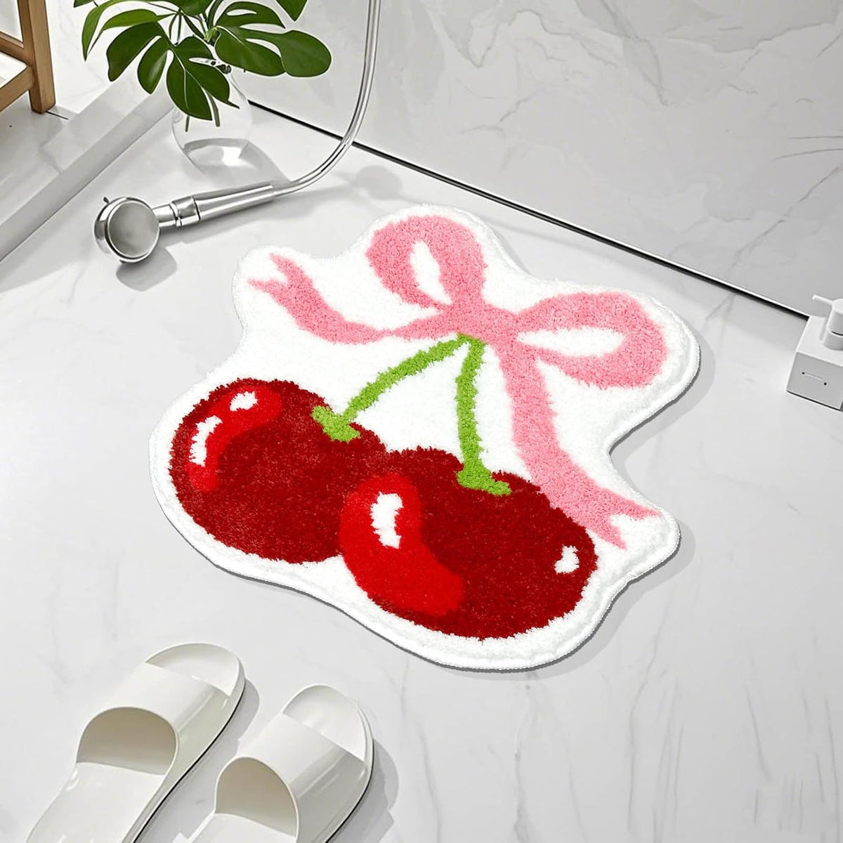Cherry Bow Bathroom Rug Cute Cherry Pink Bow Bath Mat Super Soft Absorbent Rugs Non Slip Bath Mat Machine Washable Rug for Bathroom Home Decor 19.5x21.5 inches