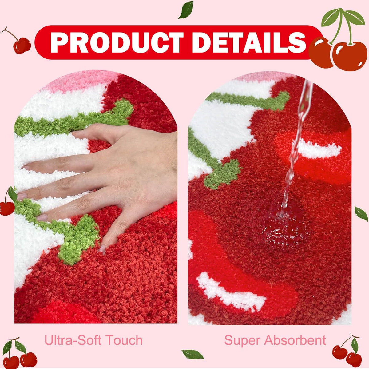 Cherry Bow Bathroom Rug Cute Cherry Pink Bow Bath Mat Super Soft Absorbent Rugs Non Slip Bath Mat Machine Washable Rug for Bathroom Home Decor 19.5x21.5 inches