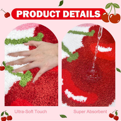 Cherry Bow Bathroom Rug Cute Cherry Pink Bow Bath Mat Super Soft Absorbent Rugs Non Slip Bath Mat Machine Washable Rug for Bathroom Home Decor 19.5x21.5 inches