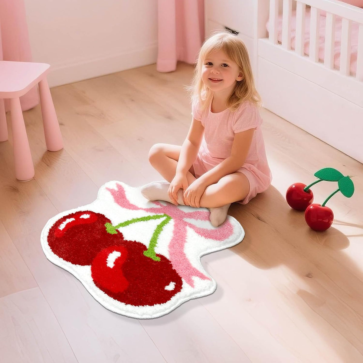 Cherry Bow Bathroom Rug Cute Cherry Pink Bow Bath Mat Super Soft Absorbent Rugs Non Slip Bath Mat Machine Washable Rug for Bathroom Home Decor 19.5x21.5 inches