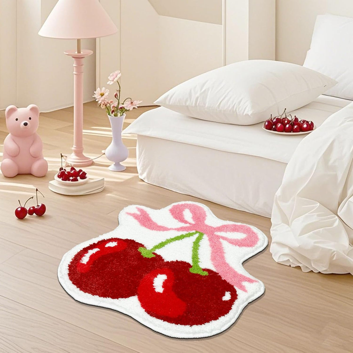 Cherry Bow Bathroom Rug Cute Cherry Pink Bow Bath Mat Super Soft Absorbent Rugs Non Slip Bath Mat Machine Washable Rug for Bathroom Home Decor 19.5x21.5 inches