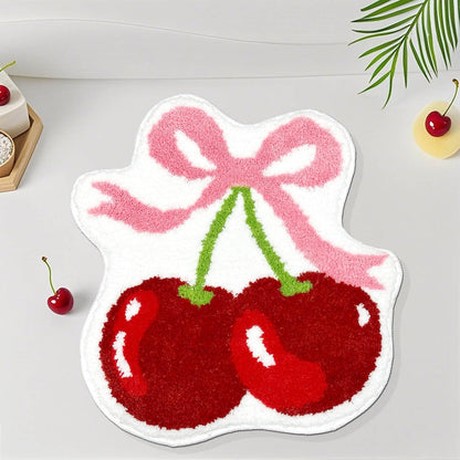 Cherry Bow Bathroom Rug Cute Cherry Pink Bow Bath Mat Super Soft Absorbent Rugs Non Slip Bath Mat Machine Washable Rug for Bathroom Home Decor 19.5x21.5 inches
