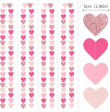 Hot-Pink Rose-Gold Party Decorations Heart-Garland - 52ft Wedding Bridal Shower Hanging Decoration Streamers Banner,Baby Girl Birthday Bachelorette Engagement Mohters Valentines Day Decor