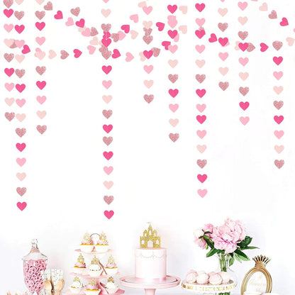 Hot-Pink Rose-Gold Party Decorations Heart-Garland - 52ft Wedding Bridal Shower Hanging Decoration Streamers Banner,Baby Girl Birthday Bachelorette Engagement Mohters Valentines Day Decor