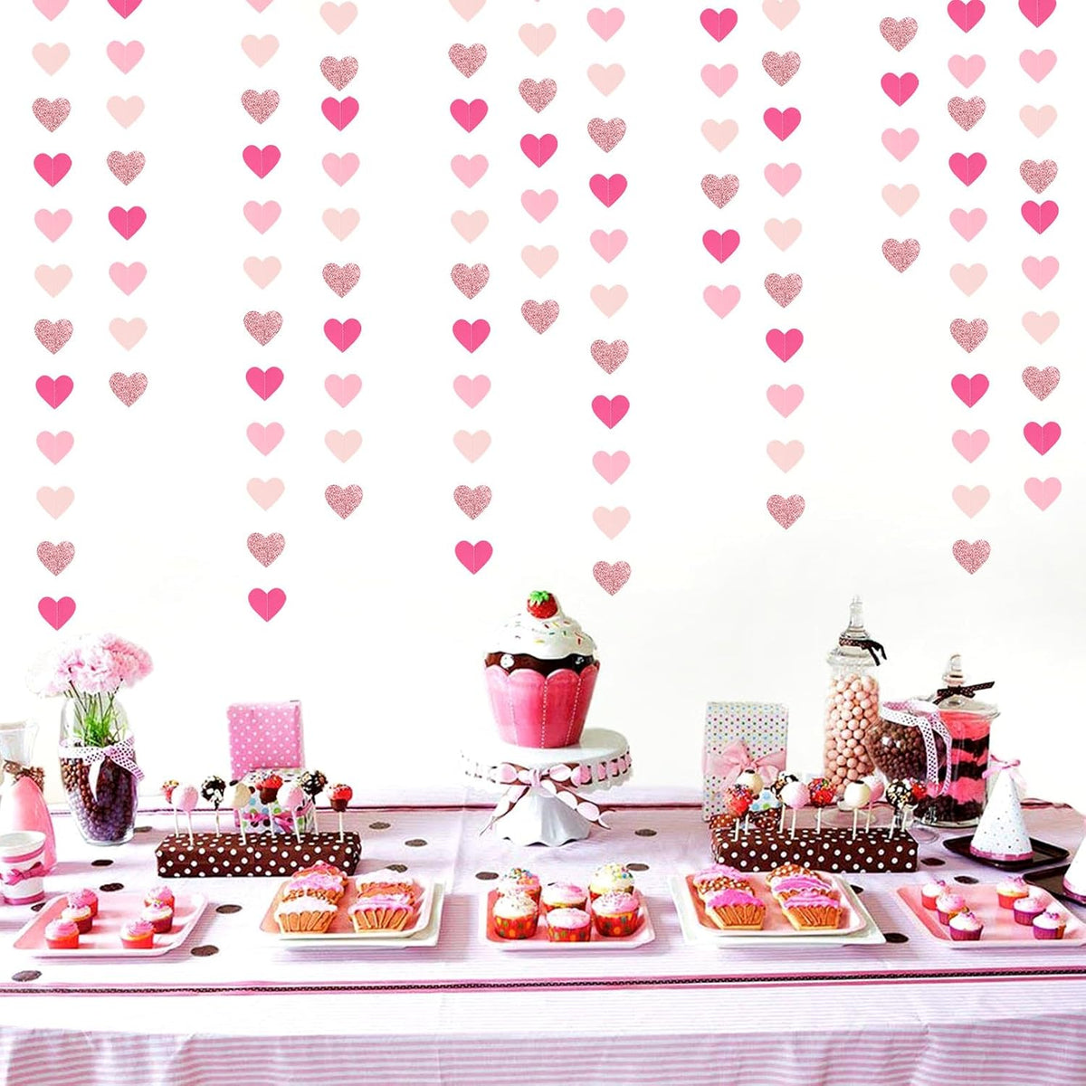 Hot-Pink Rose-Gold Party Decorations Heart-Garland - 52ft Wedding Bridal Shower Hanging Decoration Streamers Banner,Baby Girl Birthday Bachelorette Engagement Mohters Valentines Day Decor