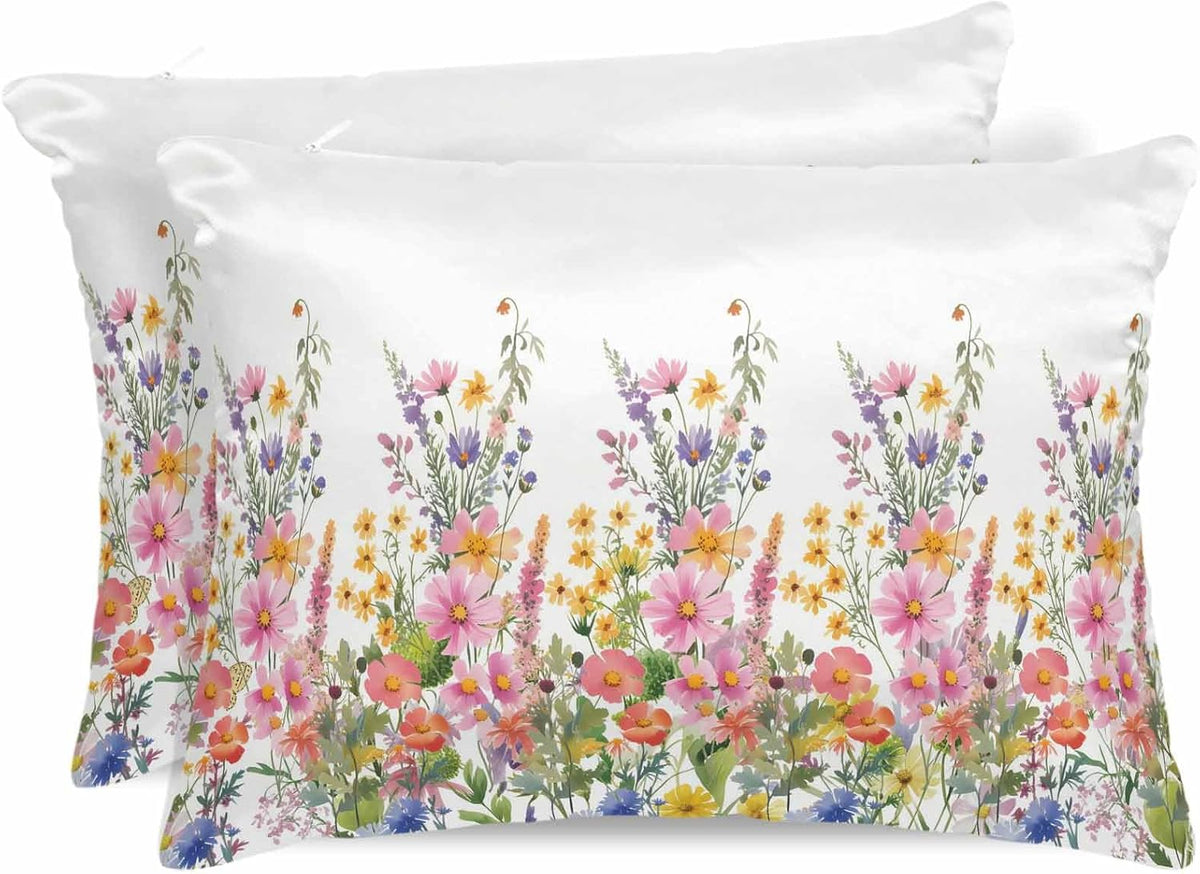Satin Pillowcases King Size, Pink Flowers Silk Pillow Cases for Hair and Skin with Zipper 2 Pack, Spring Floral Daisy Farmhouse Pastoral Botanical Smooth Throw Pillow Covers for Sleeping, 20"x36"