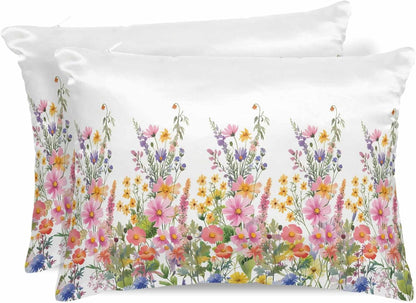 Satin Pillowcases King Size, Pink Flowers Silk Pillow Cases for Hair and Skin with Zipper 2 Pack, Spring Floral Daisy Farmhouse Pastoral Botanical Smooth Throw Pillow Covers for Sleeping, 20"x36"