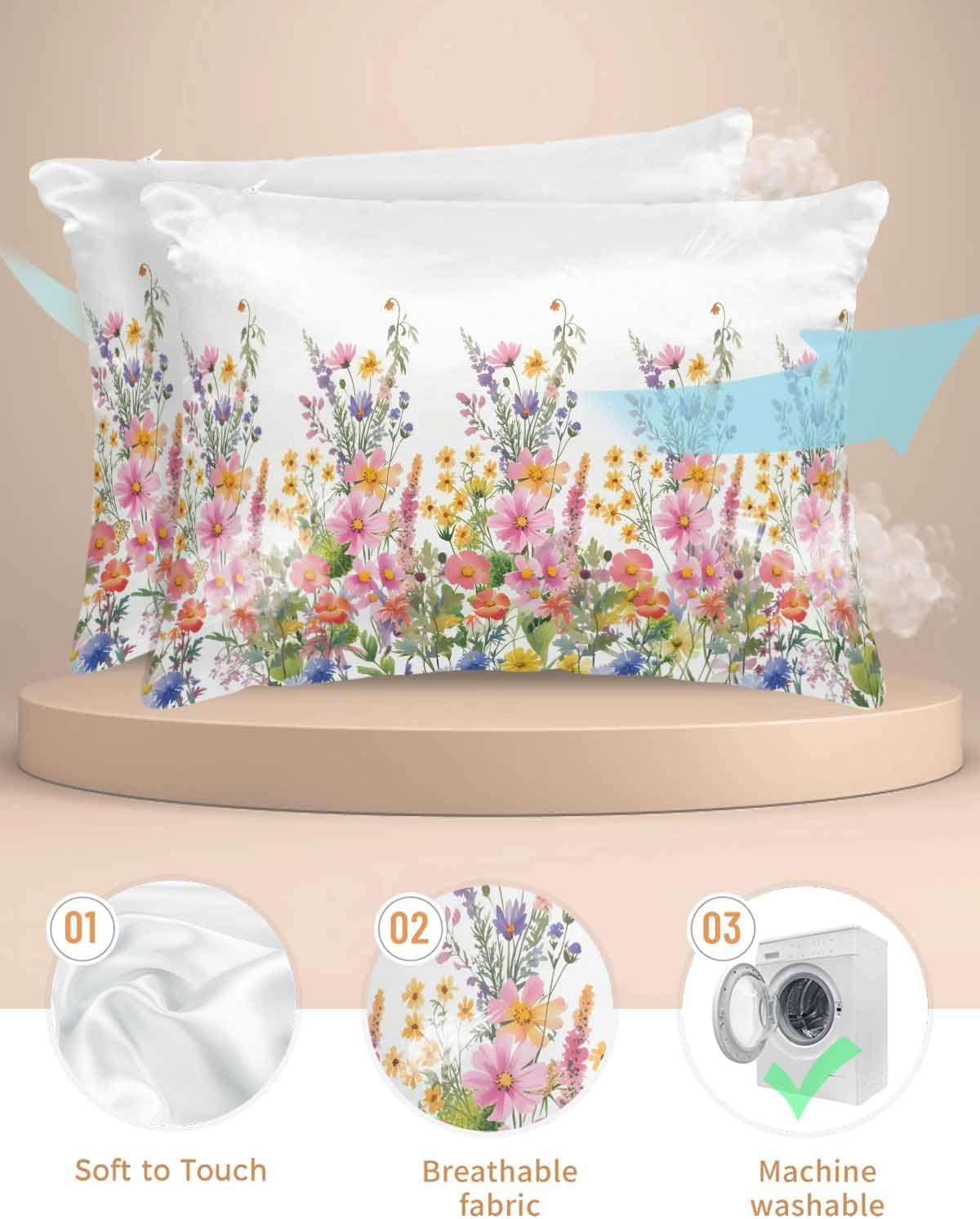 Satin Pillowcases King Size, Pink Flowers Silk Pillow Cases for Hair and Skin with Zipper 2 Pack, Spring Floral Daisy Farmhouse Pastoral Botanical Smooth Throw Pillow Covers for Sleeping, 20"x36"
