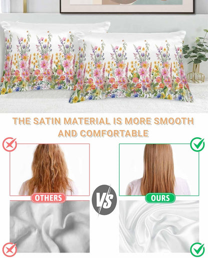 Satin Pillowcases King Size, Pink Flowers Silk Pillow Cases for Hair and Skin with Zipper 2 Pack, Spring Floral Daisy Farmhouse Pastoral Botanical Smooth Throw Pillow Covers for Sleeping, 20"x36"