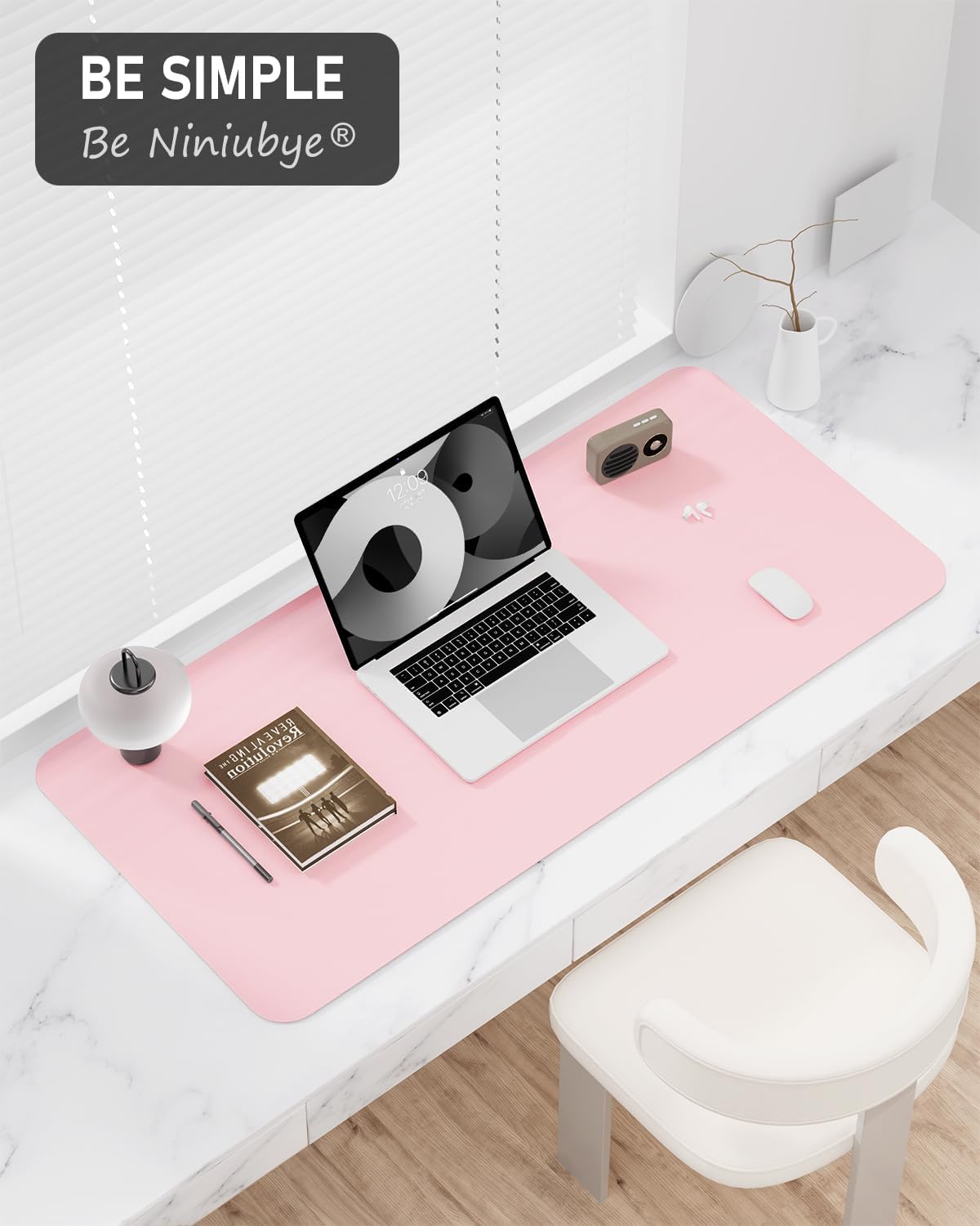 Desk Pad, 23.6" x 13.8" PU Leather Non-Slip Desk Mat Large Mouse Pad for Desktop, Waterproof Laptop Computer Writing Mat for Office, Home, Work, Gaming, Light Pink