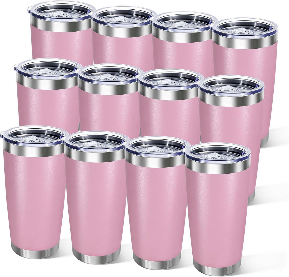 20oz Stainless Steel Tumbler Bulk with Lid, Double Wall Vacuum Insulated Powder Coated Travel Mug, Light Pink, 12 Pack